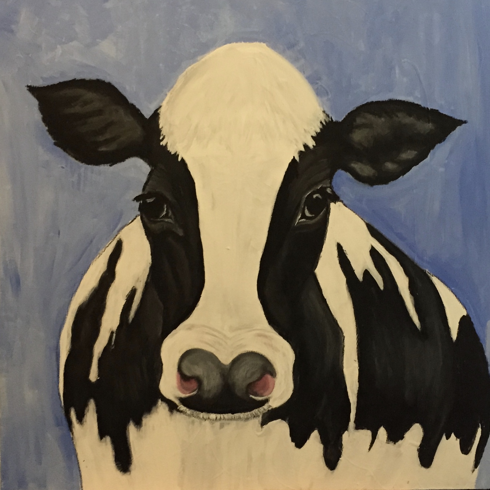 Clementine — a hand-painted Holstein cow against a brushy blue sky